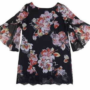 Tahari Black Floral Long Sleeve Dress